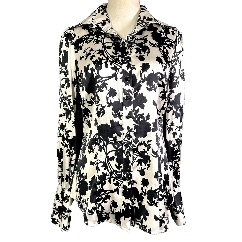 Bebe Womens Black White Floral Long Sleeve Button Down Satin Blouse Size Medium